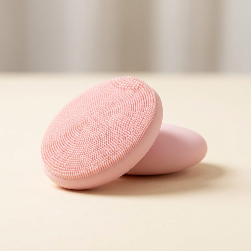 Pink silicone facial cleansing brush resting on a cream surface