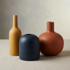 Nordic Ceramic Vase set: yellow bottleneck, blue capsule, orange bulbous