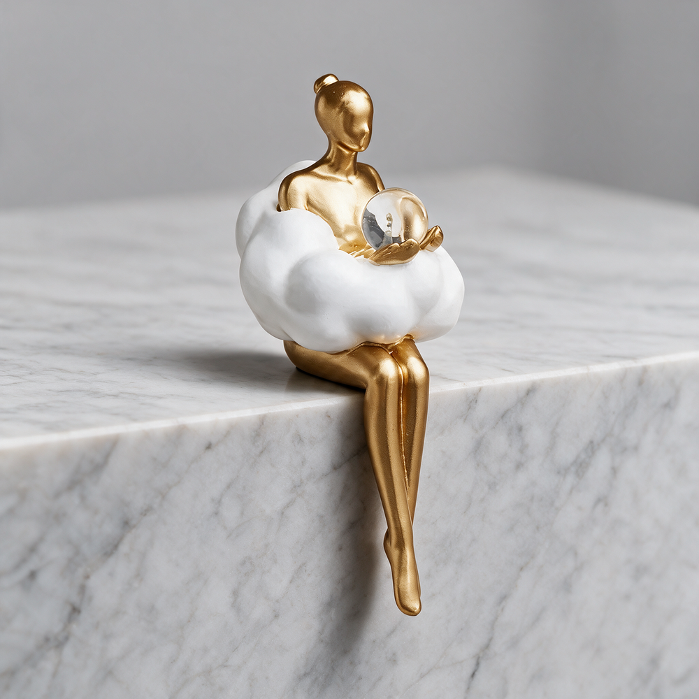 Nordic Girl Keepsake Statuette - Holding The Ball on marble surface