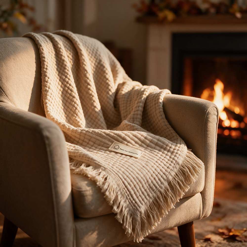 Blanket draped over armchair near fireplace