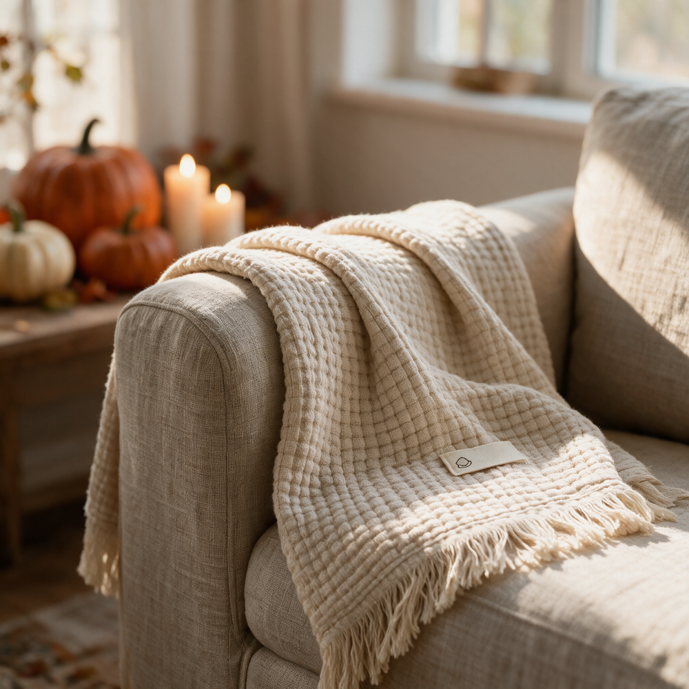Blanket draped over sofa arm in cozy fall living room