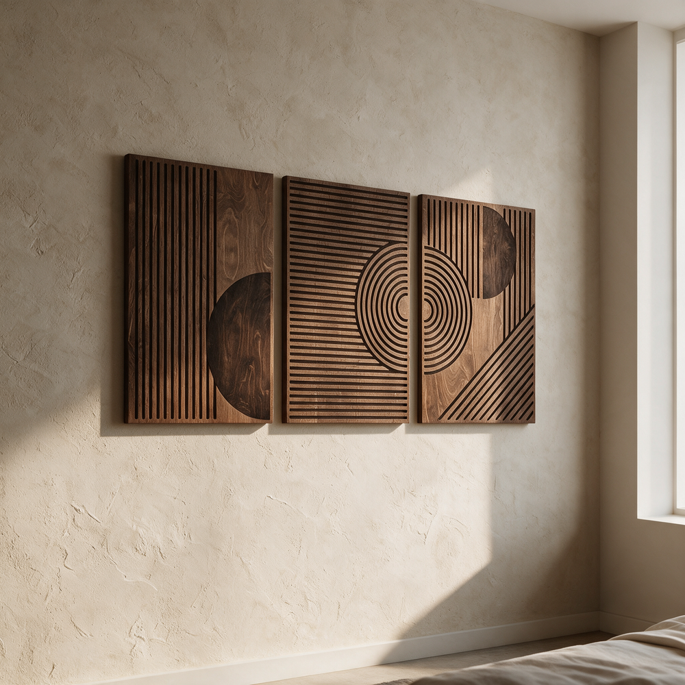 Geometric wood wall art on plaster accent wall