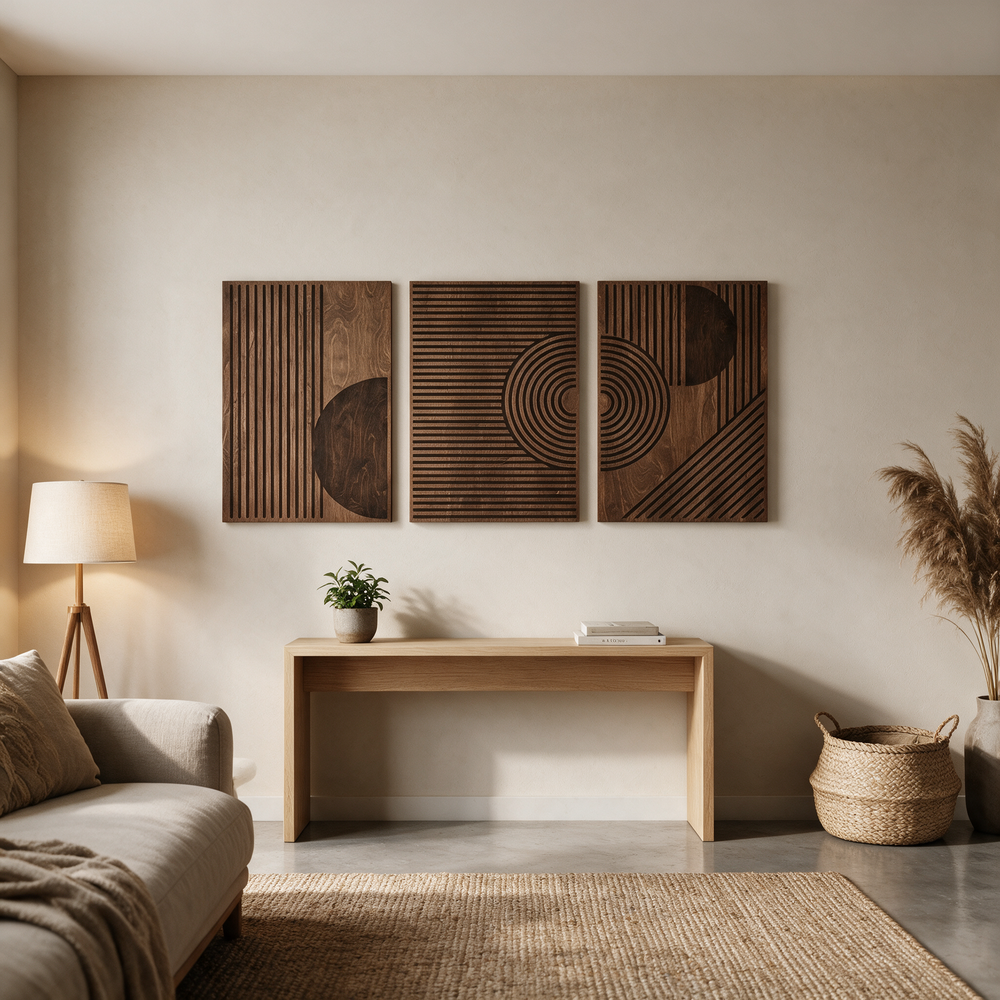 Wall art above console table styled with plant