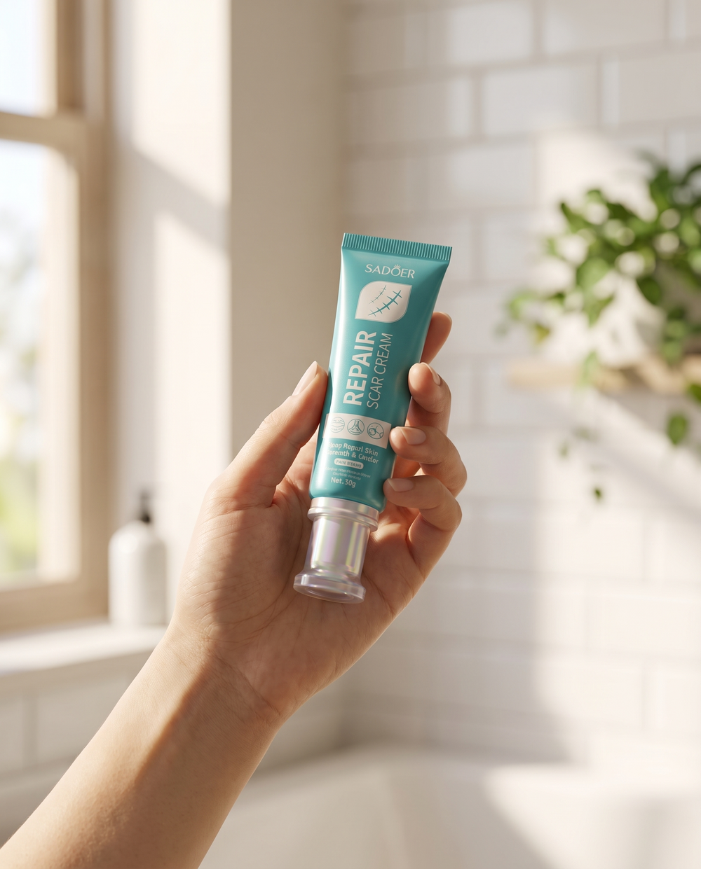 Ceramide Scar Repair Cream lifestyle shot held in hand