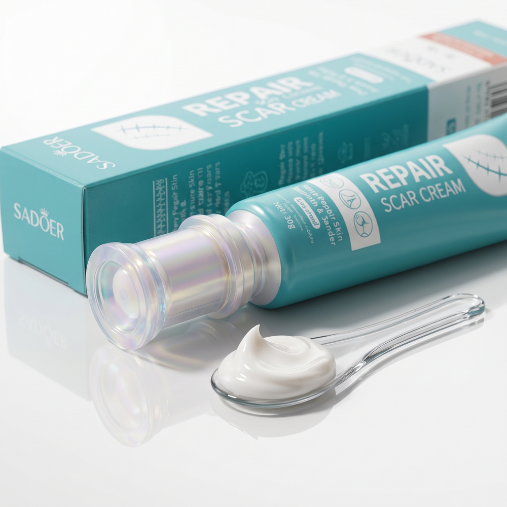Ceramide Scar Repair Cream texture close-up with cream swirl on spatula