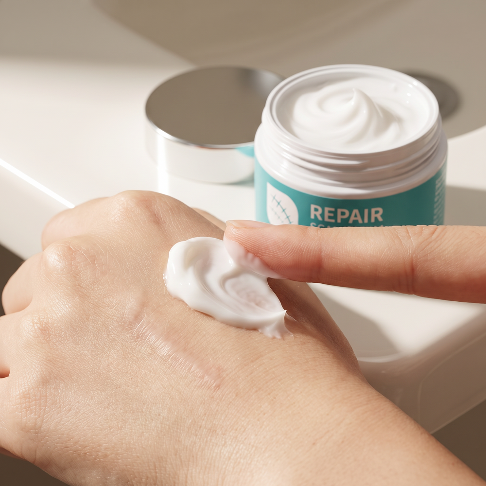 Close-up of Ceramide Scar Repair Cream being applied to hand