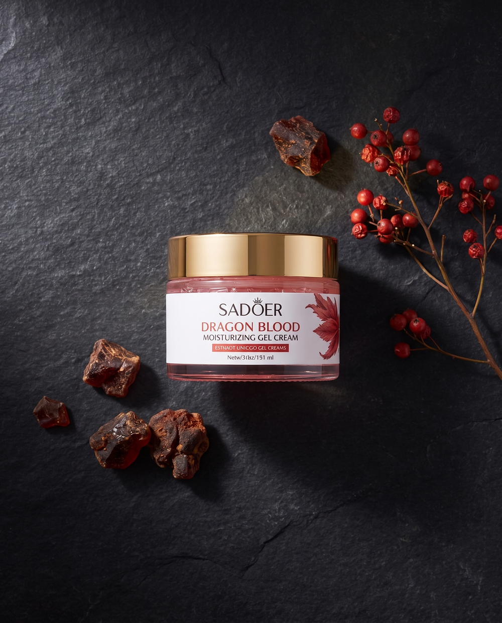 Dragon Blood Gel Cream botanical flat lay with resin