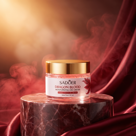 Dragon Blood Gel Cream hero shot on red marble pedestal