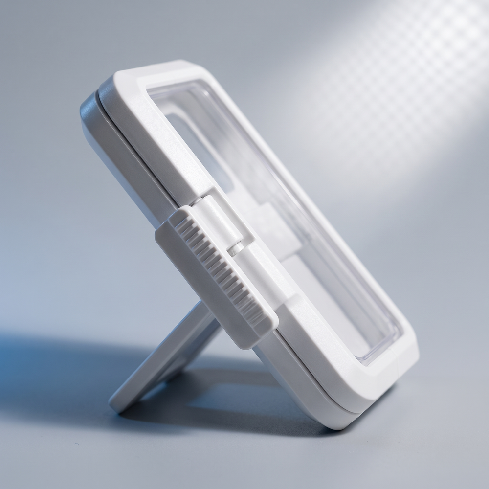 Waterproof shower phone holder showing the adjustable tilting hinge