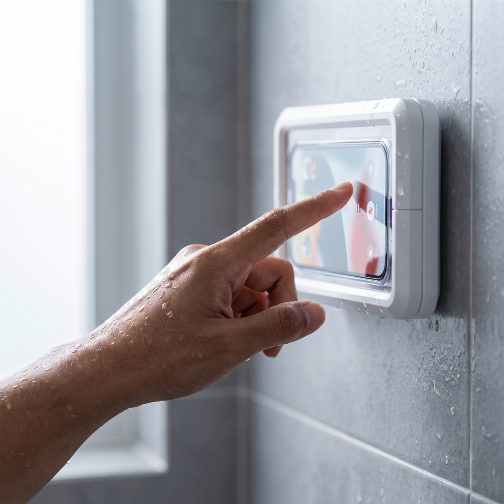 Hand touching the waterproof phone holder screen while showering