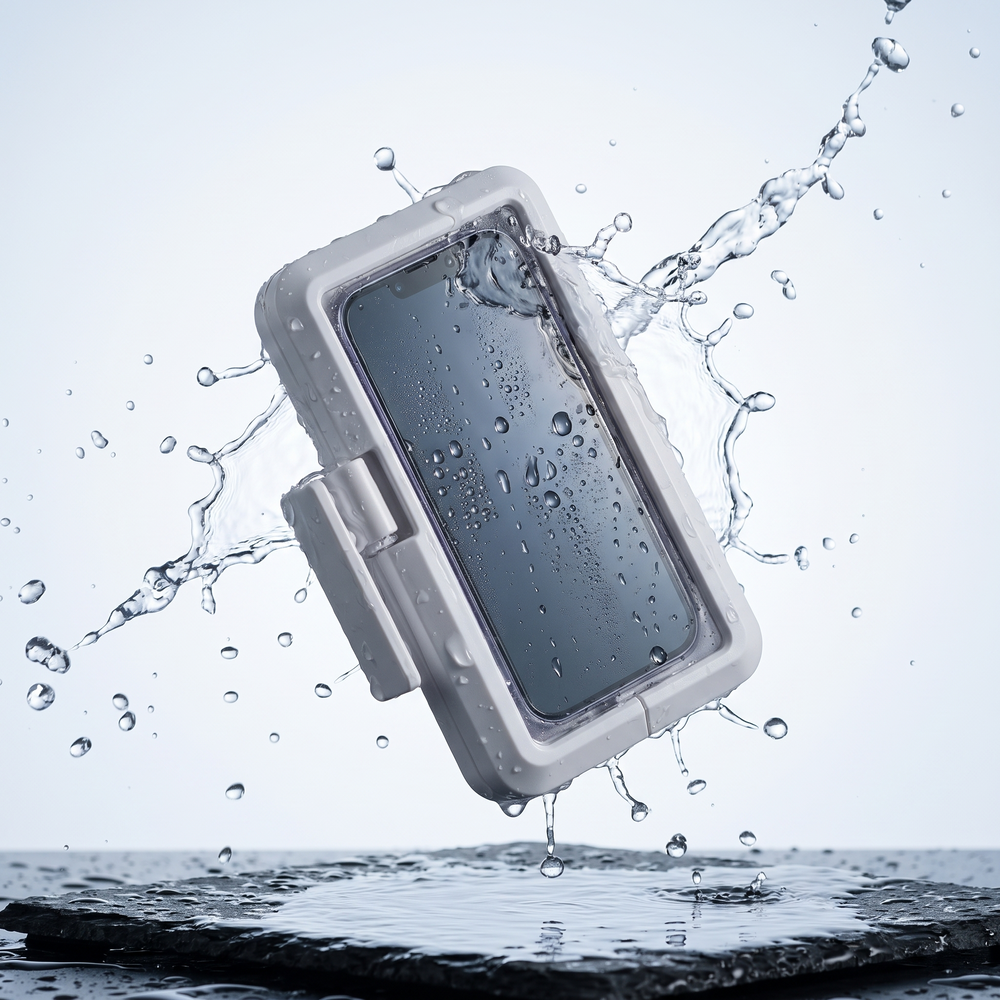 Waterproof phone holder splashed with water, demonstrating waterproof durability