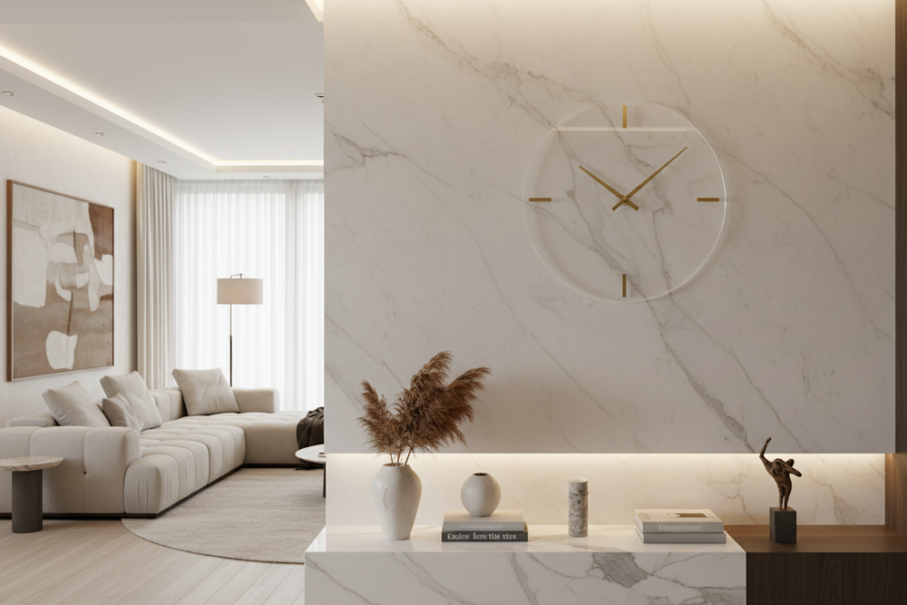 Lumière Acrylic Wall Clock displayed in a luxury living room