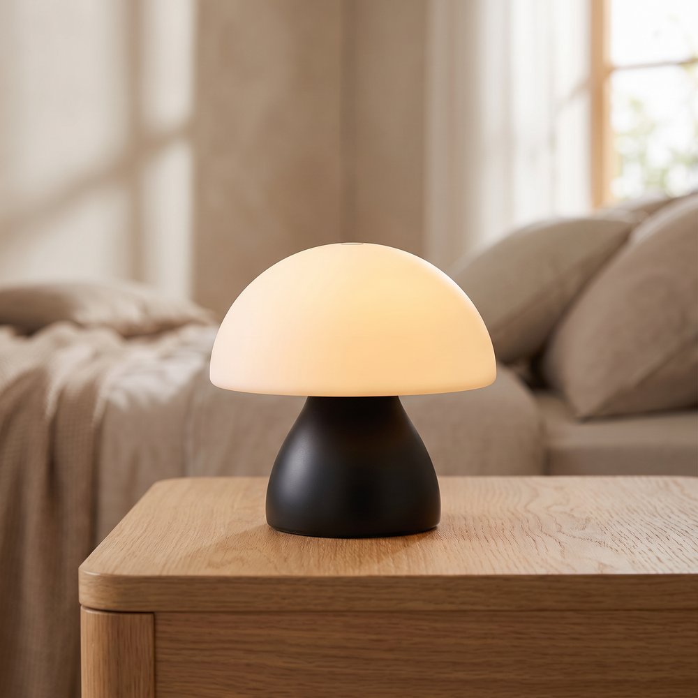 Mushroom LED touch lamp in matte black on a wooden nightstand