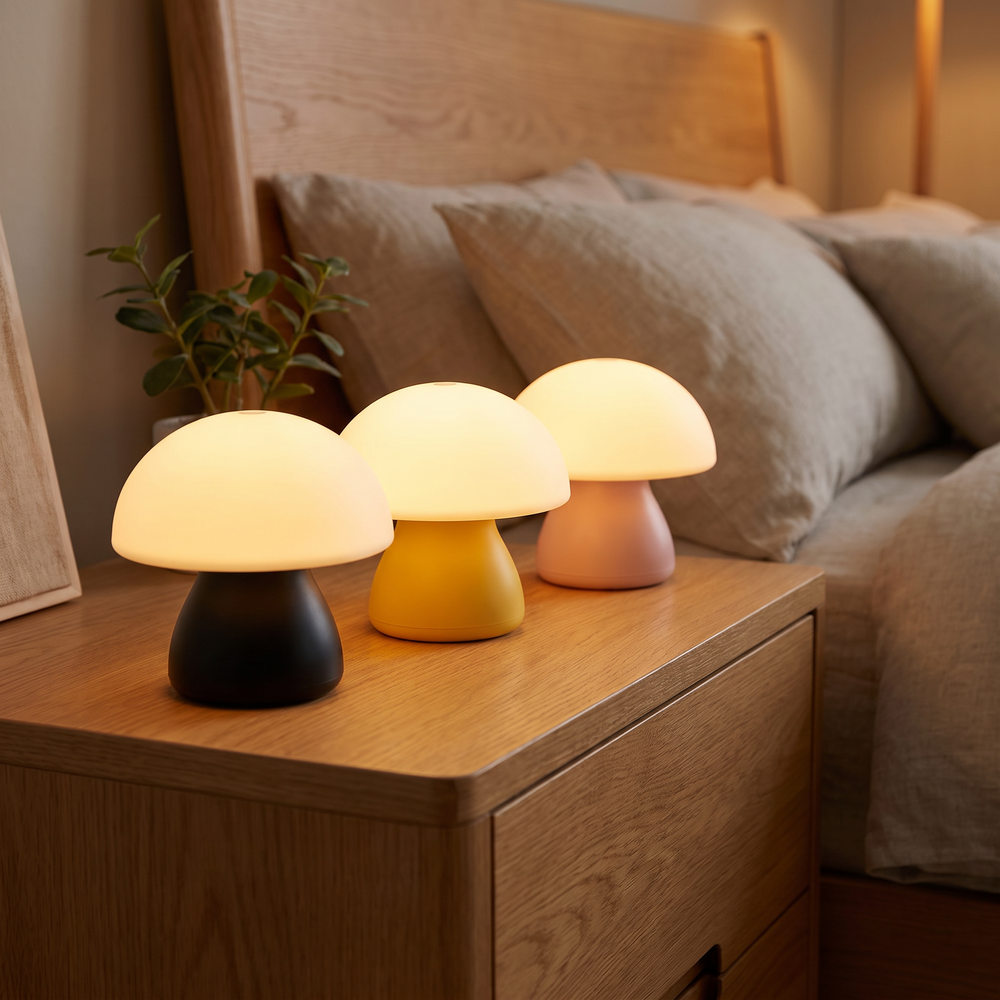 Three mushroom LED touch lamps in black, yellow, and pink together