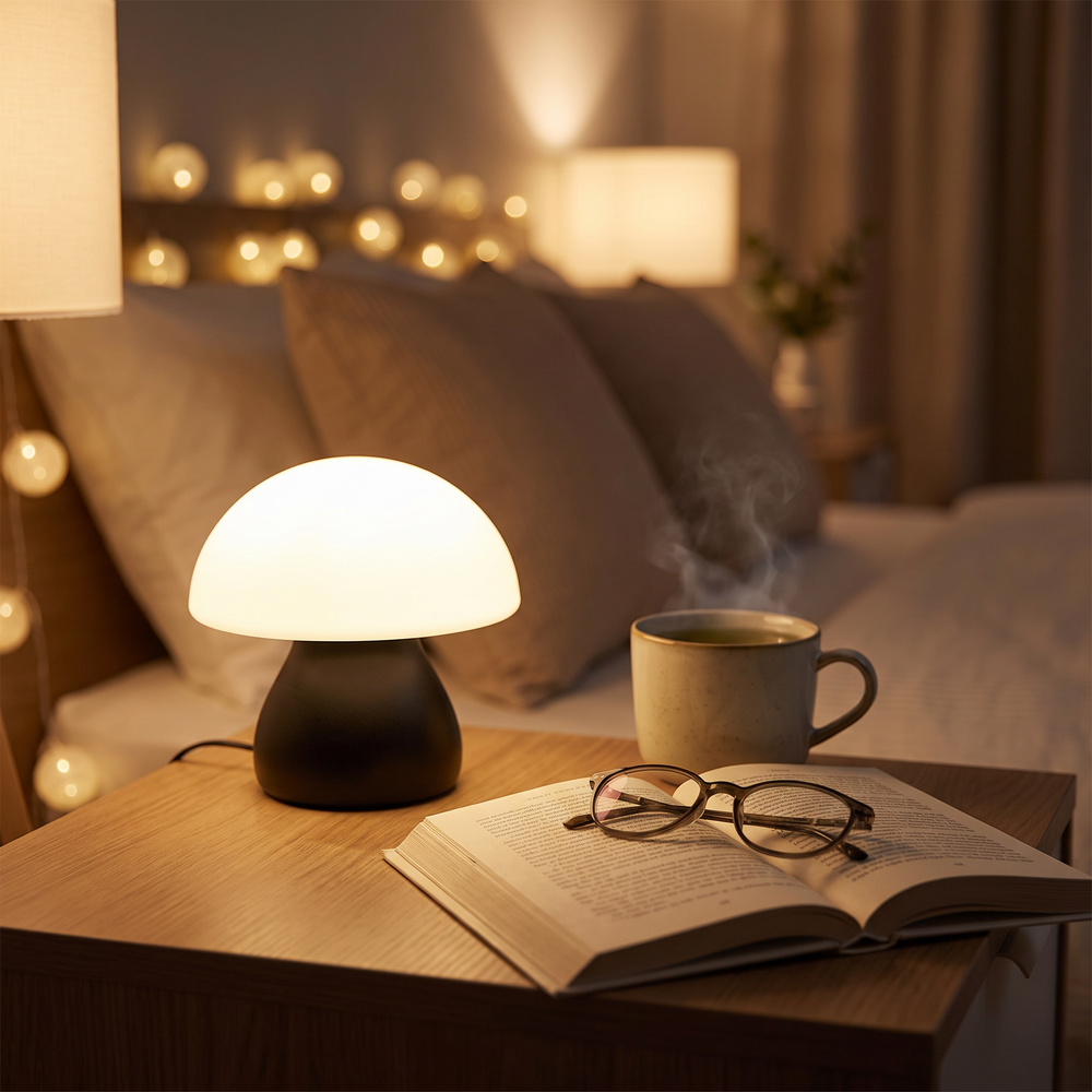 Mushroom LED touch lamp glowing on a cozy nightstand with a book and tea
